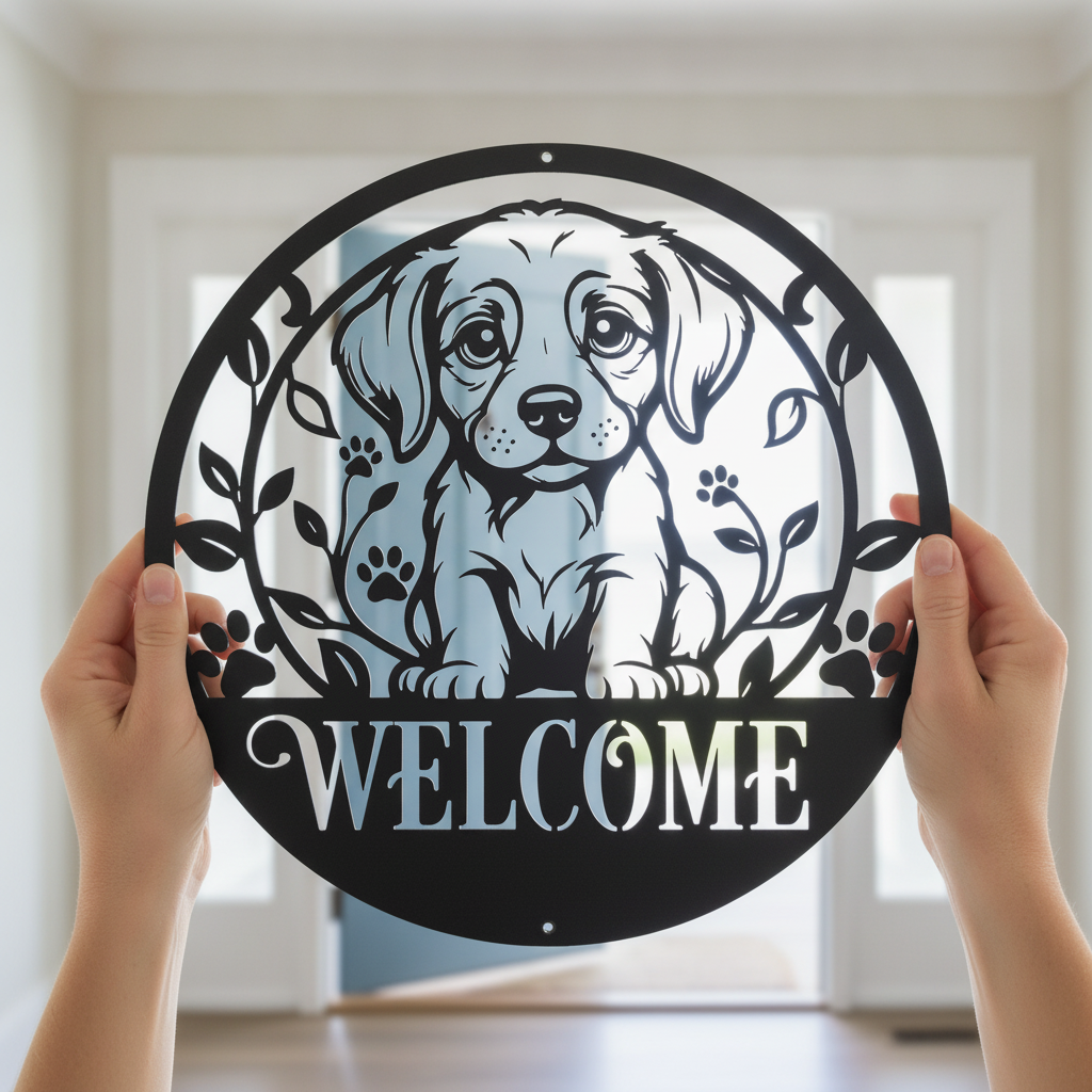 Round puppy welcome sign with paw prints in black steel – image 7