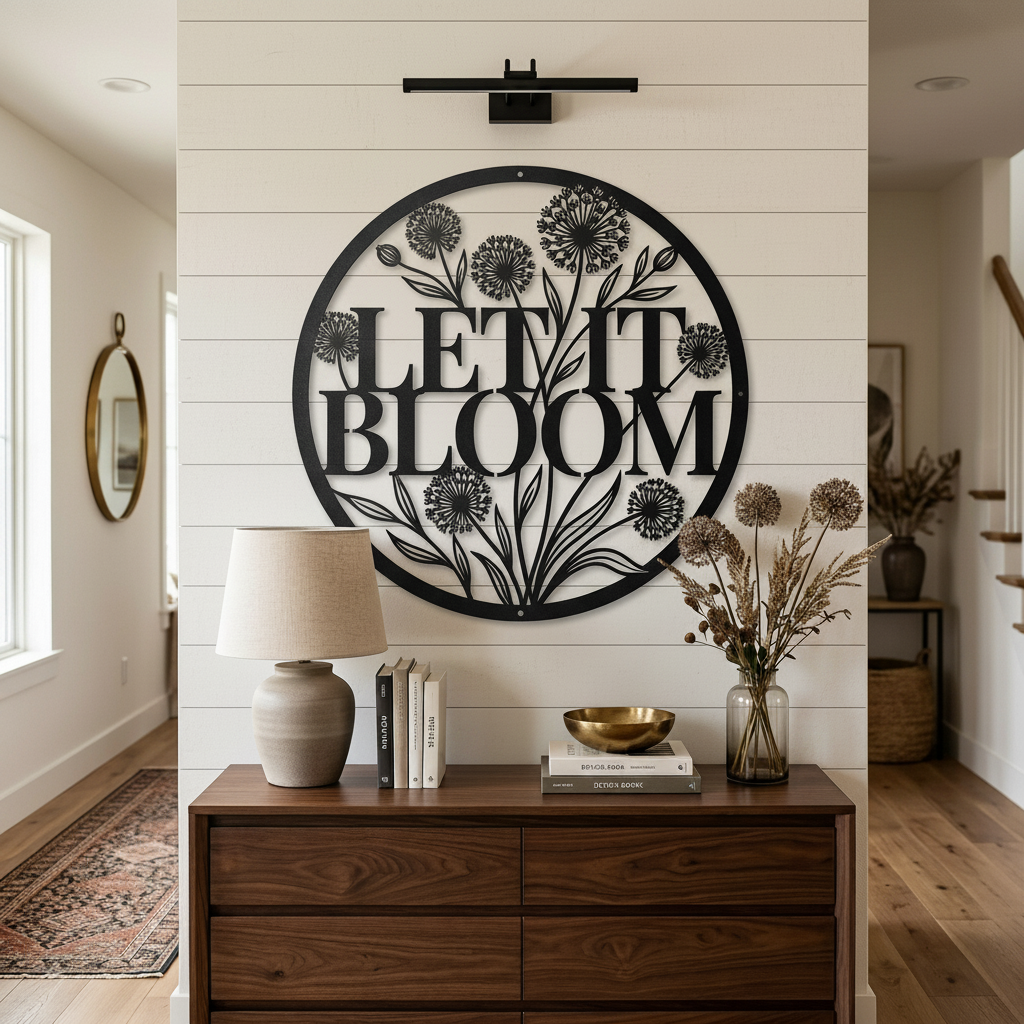 Personalized round dandelion metal sign with Let it Bloom and name in steel – image 10