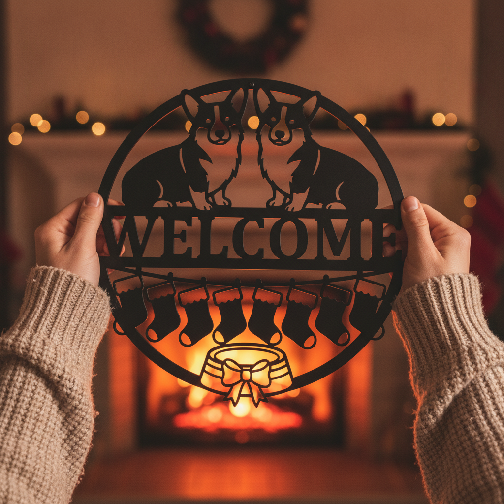 Round corgi Christmas welcome sign with stockings in black steel – image 10