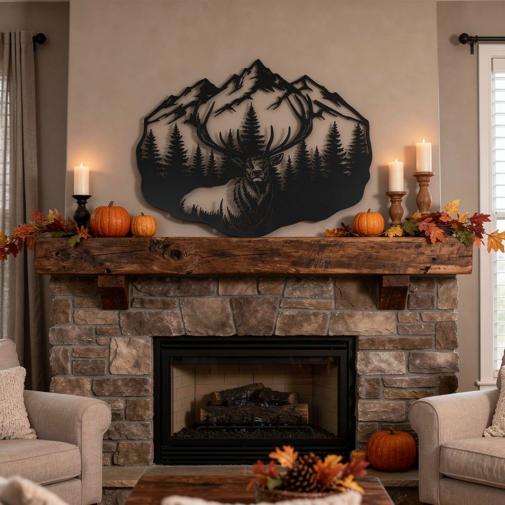 Deer metal sign with stag, mountains and fir trees in black steel – image 6