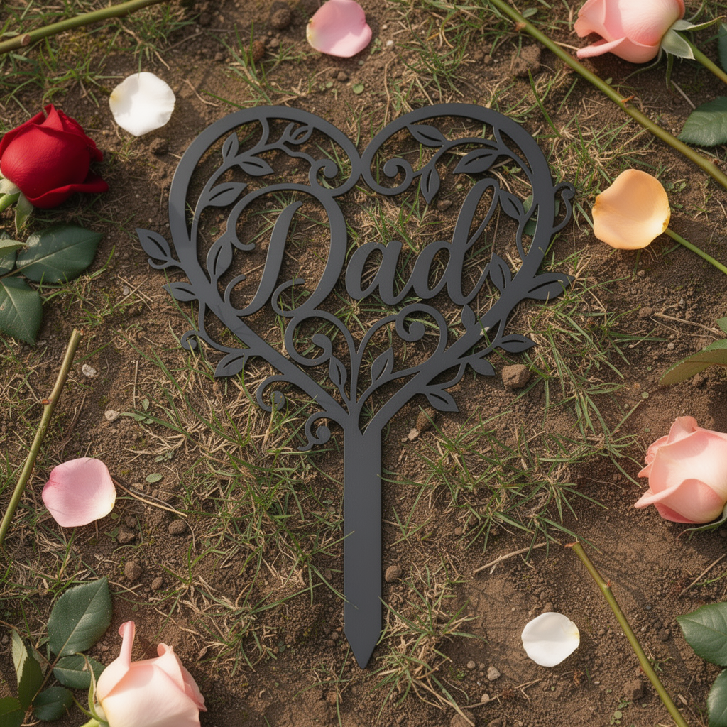 Gedenkstecker „Dad“ mit Blumenherz aus schwarzem Stahl – Bild 10