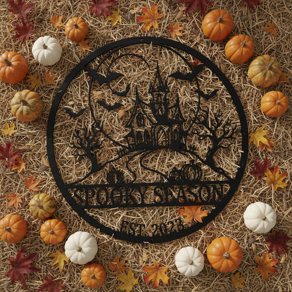 Personalisiertes Halloween Schild mit Spukhaus und Spooky Season aus schwarzem Stahl – Bild 10