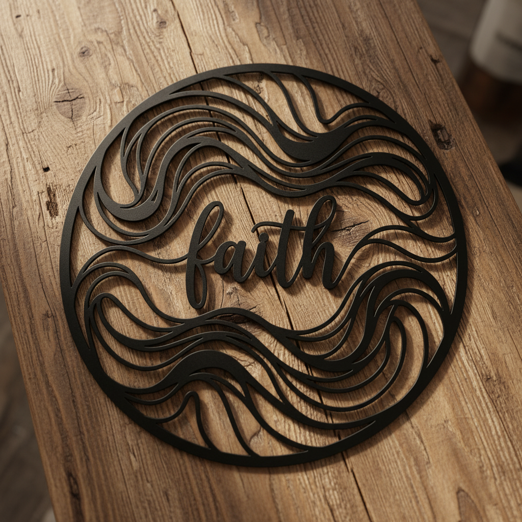 Round Faith metal sign with abstract waves in black steel – image 9