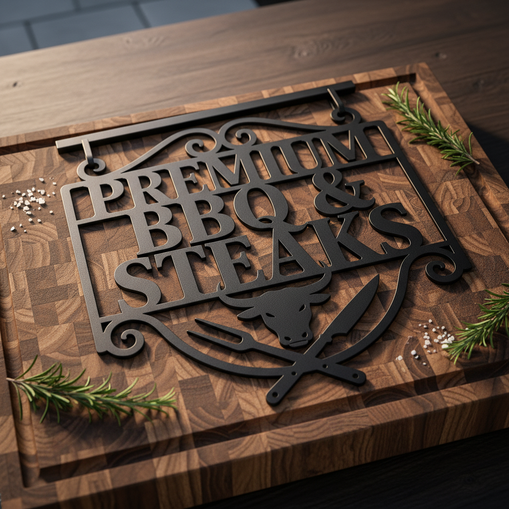 Personalized BBQ metal sign with bull head and name in black steel – image 9