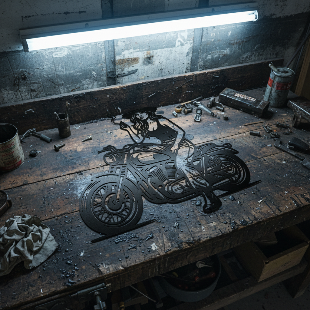 Bikerin auf Motorrad Metallschild