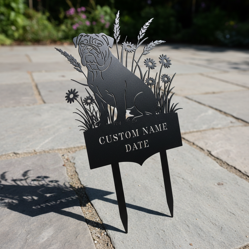 Personalized English Bulldog memorial garden stake with name and dates in black steel – image 9