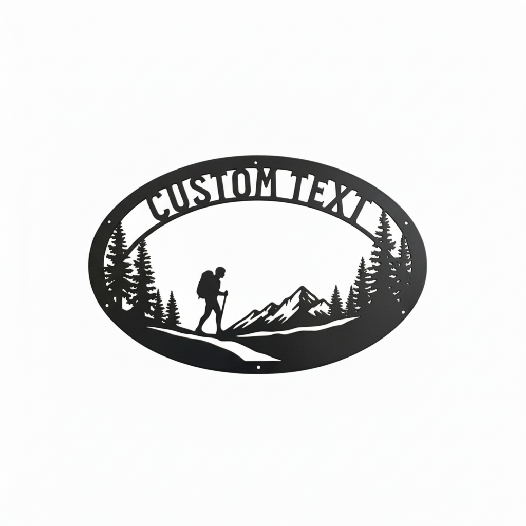 Personalized oval hiker metal sign with mountains and name in black steel – image 8