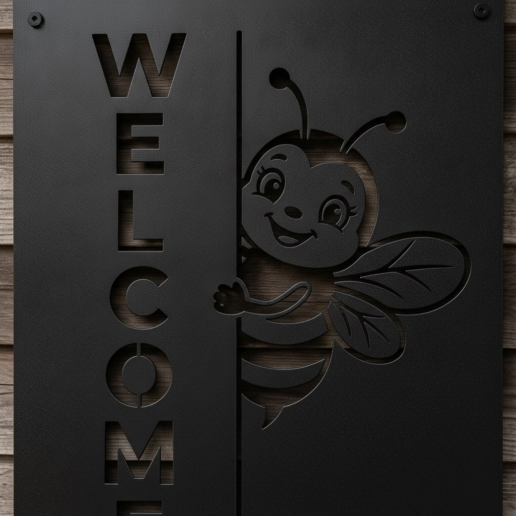 Square bumblebee welcome metal sign in black steel – image 5