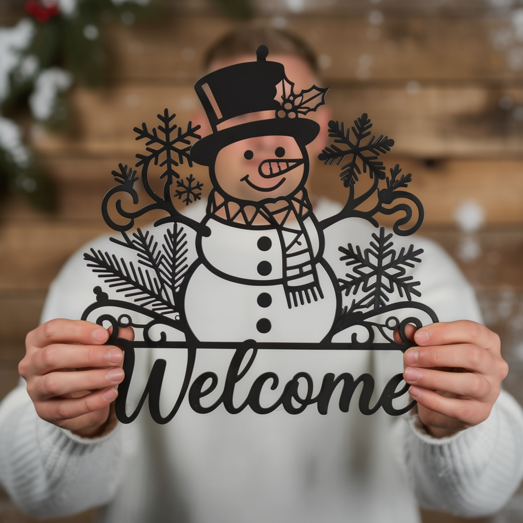 Schneemann mit Zylinder und Schneeflocken Willkommensschild – Bild 4
