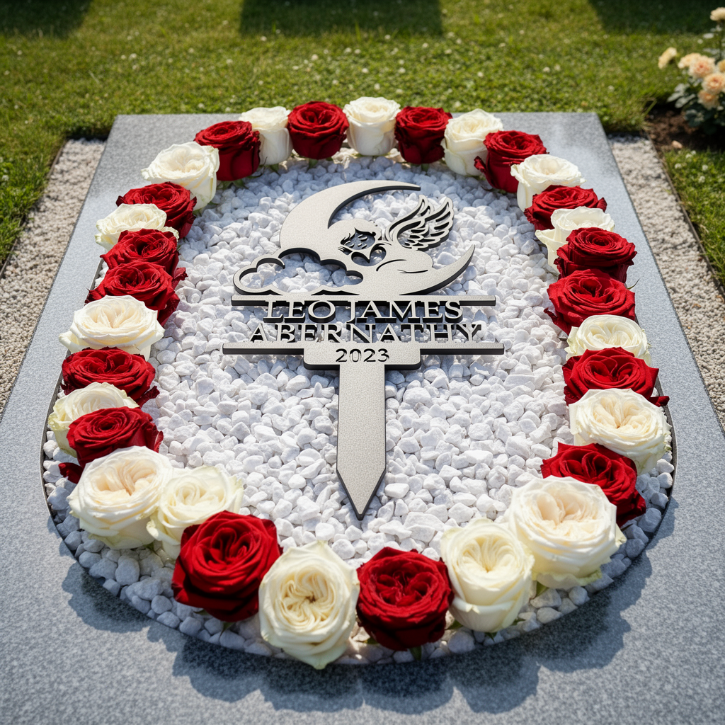 Personalized memorial stake with sleeping angel on crescent moon and cloud in black steel – image 5