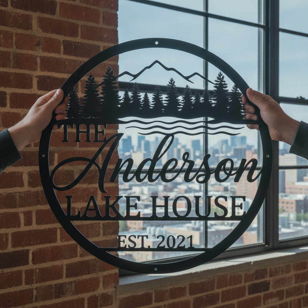 Personalized round lake house sign with mountains and pine trees in black steel – image 9