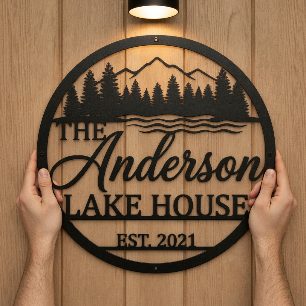 Personalized round lake house sign with mountains and pine trees in black steel