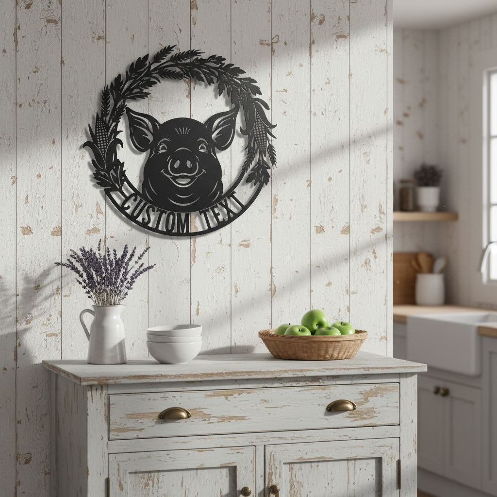 Personalized pig head farm sign with leaf wreath and name in black steel – image 7