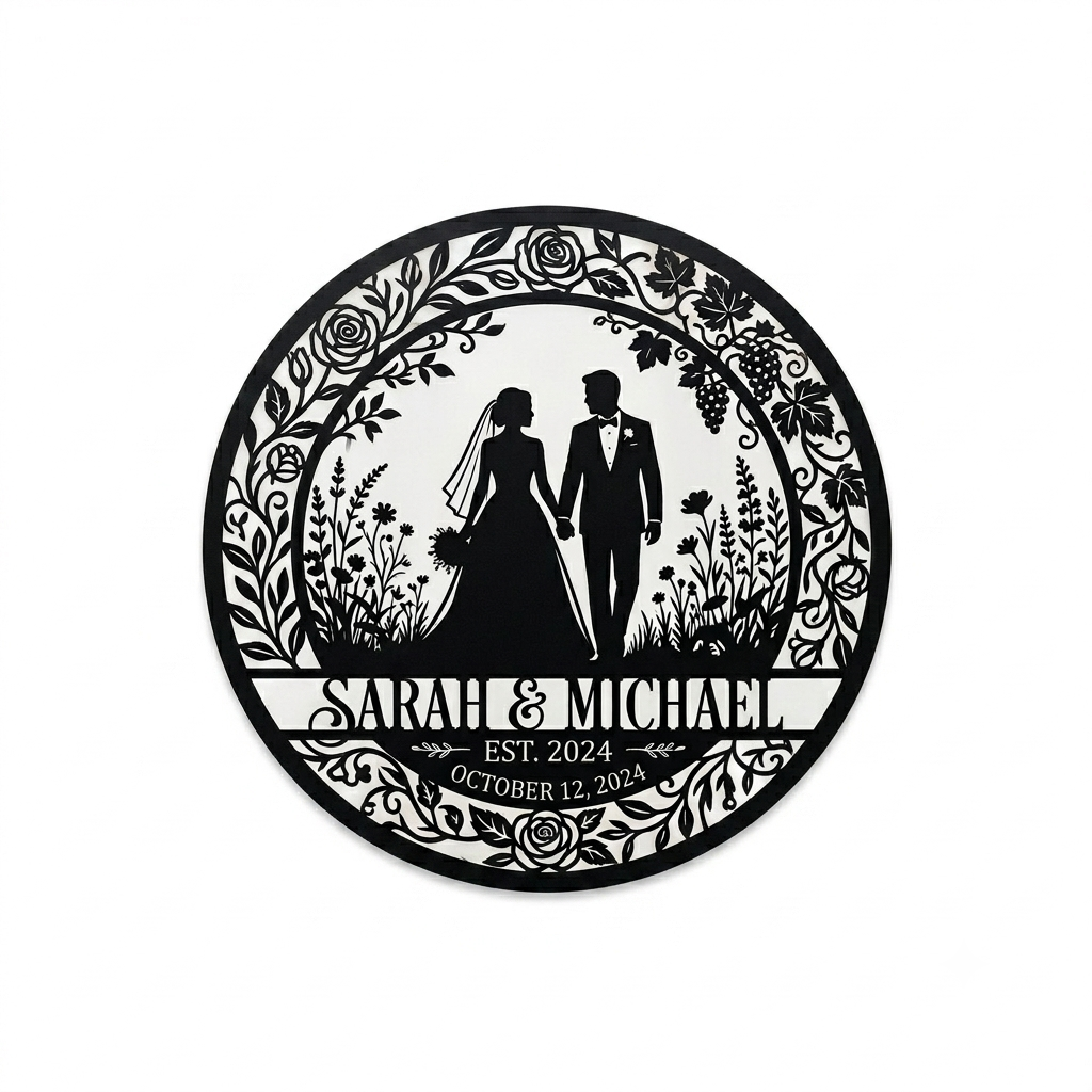 Personalized bride and groom silhouette metal sign with names and wedding date