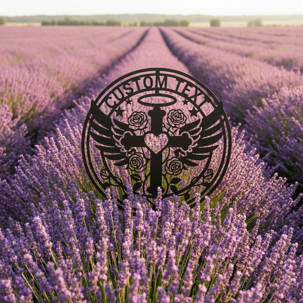 Personalisiertes Kreuz mit Engelsflügeln, Herz und Rosen Metallschild rund – Bild 3