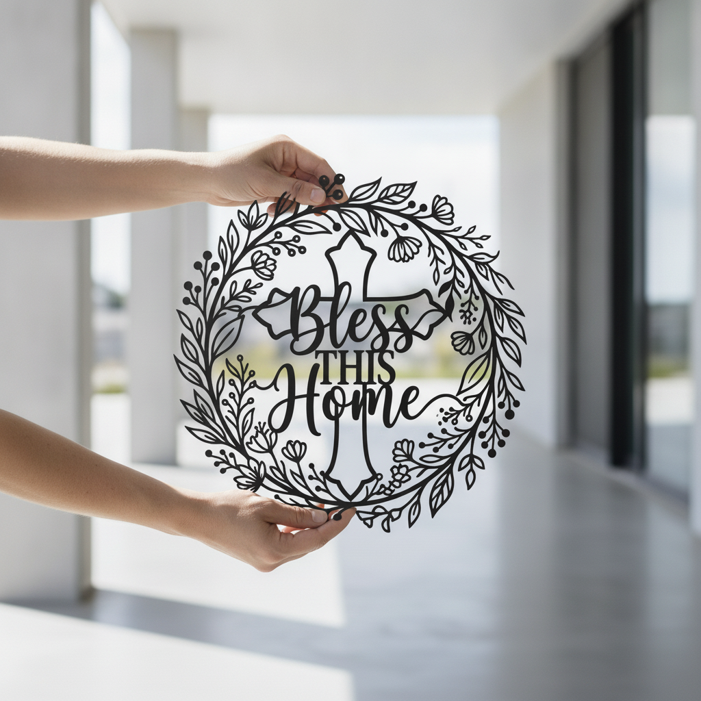 Bless this Home Kreuz mit Kranz Metallschild rund – Bild 4