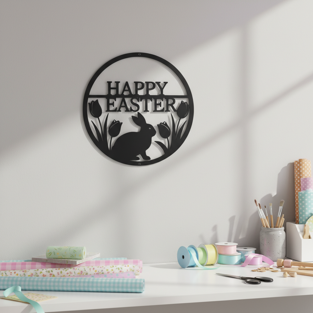 Rundes Osterhase Metallschild mit Tulpen und Happy Easter aus schwarzem Stahl – Bild 7