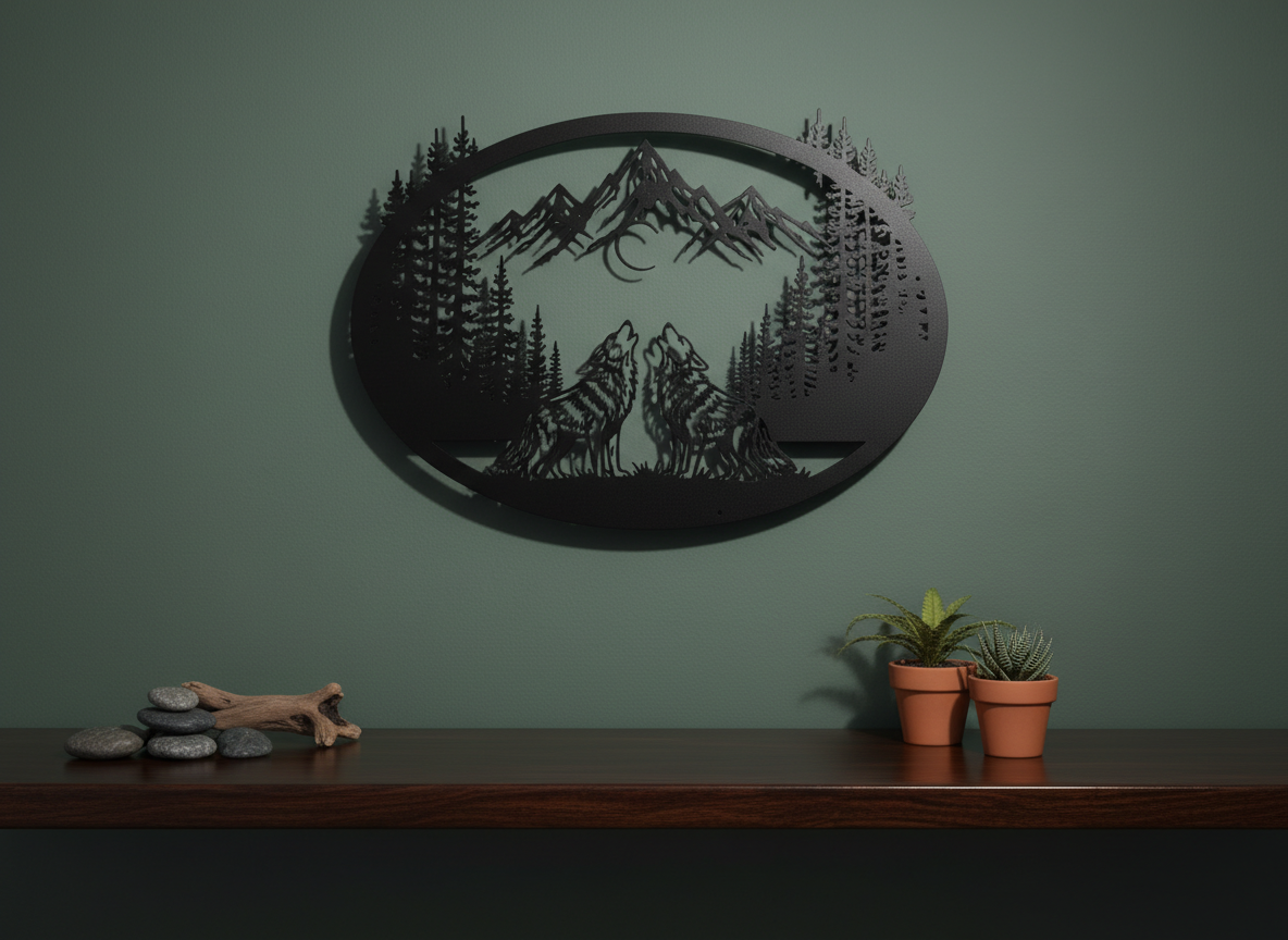 Oval howling wolves metal wall art with mountains and crescent moon in black steel – image 6
