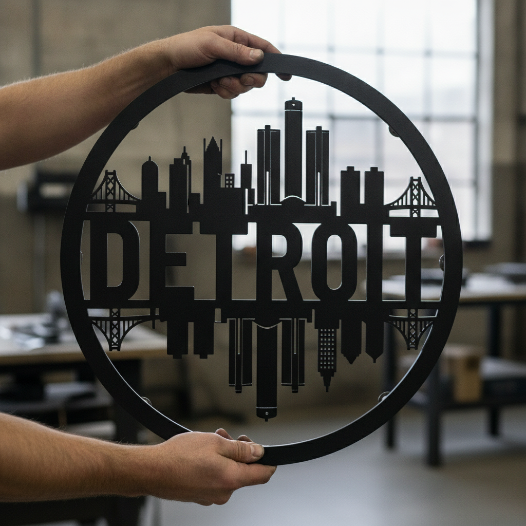 Round Detroit skyline metal wall art in black steel – image 4