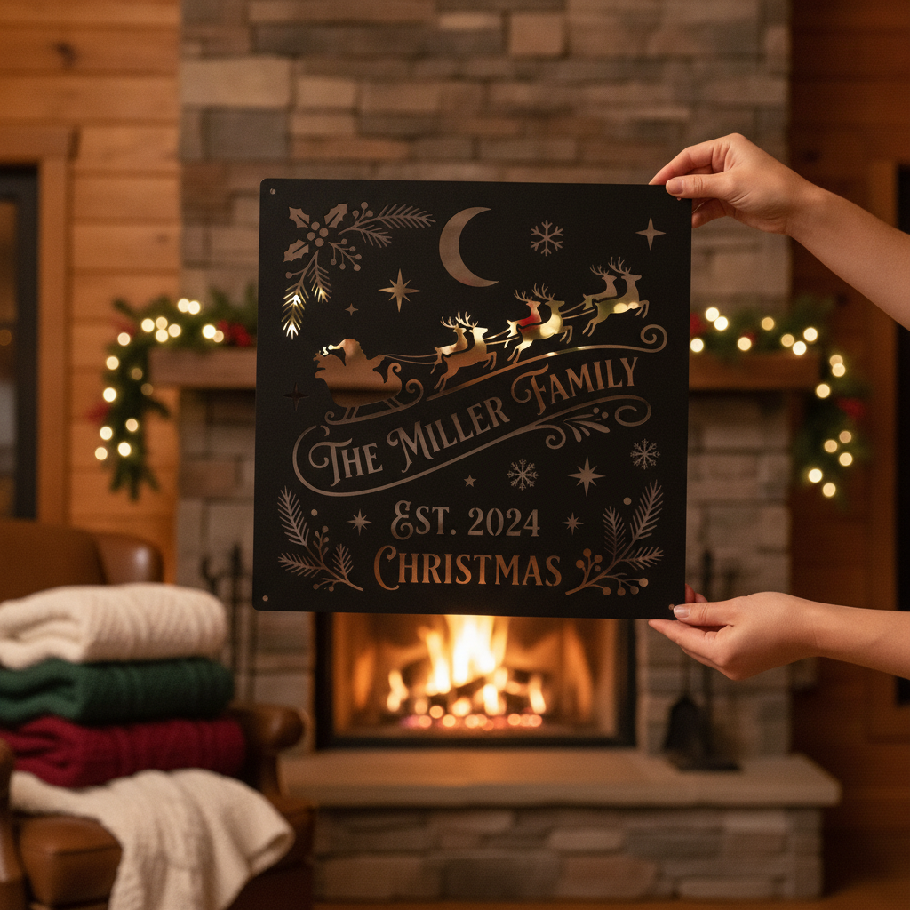 Personalisiertes Weihnachtsschild quadratisch mit Weihnachtsmann Schlitten und Rentieren – Bild 4