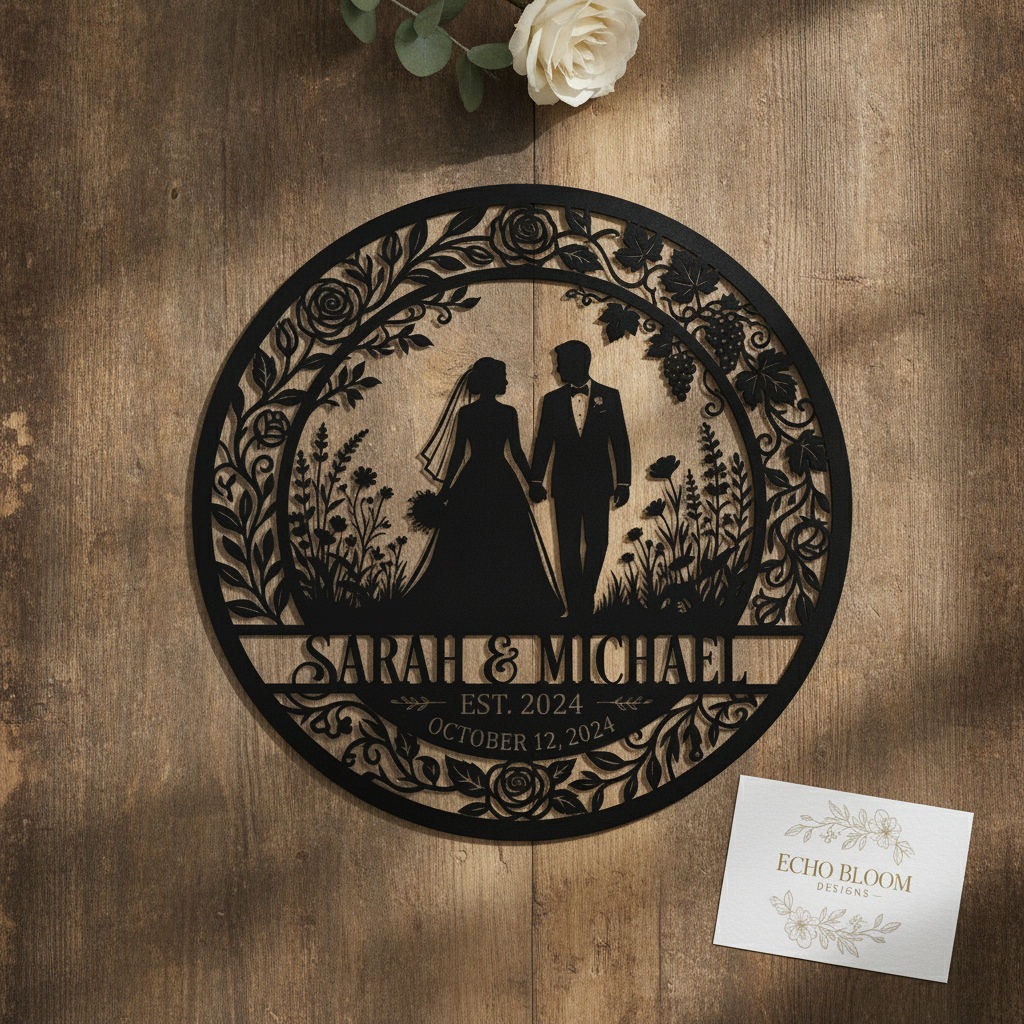 Personalized bride and groom silhouette metal sign with names and wedding date – image 2