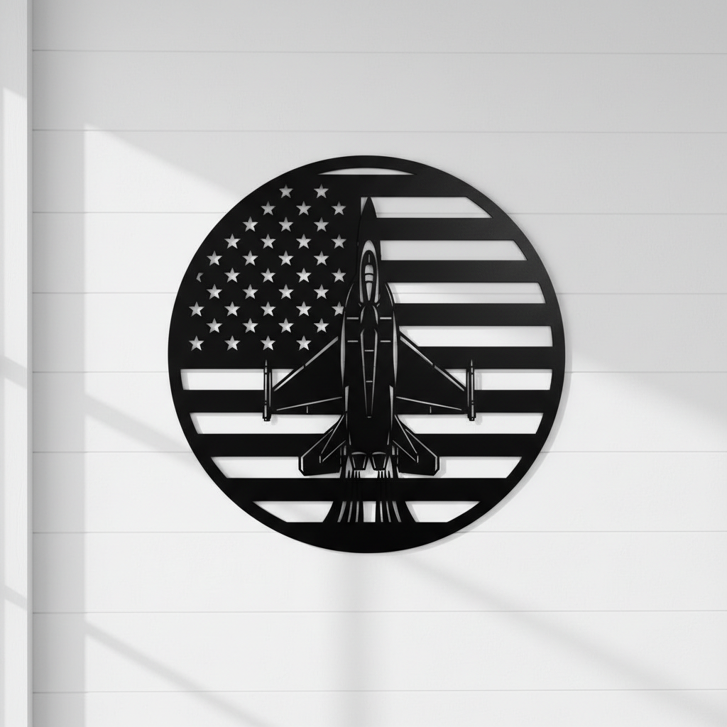 Round fighter jet metal sign with American flag in black steel – image 10