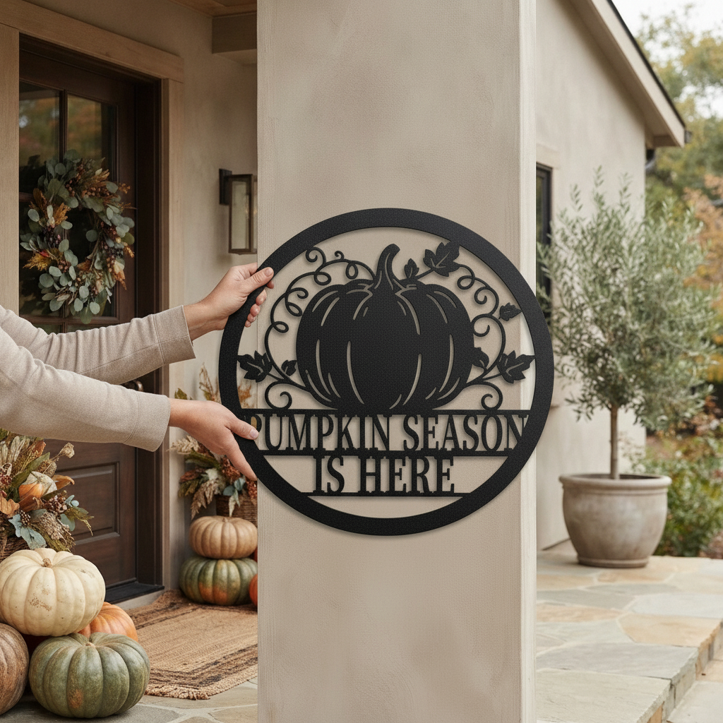 Pumpkin Season is here Kürbis mit Ranken Metallschild rund – Bild 2