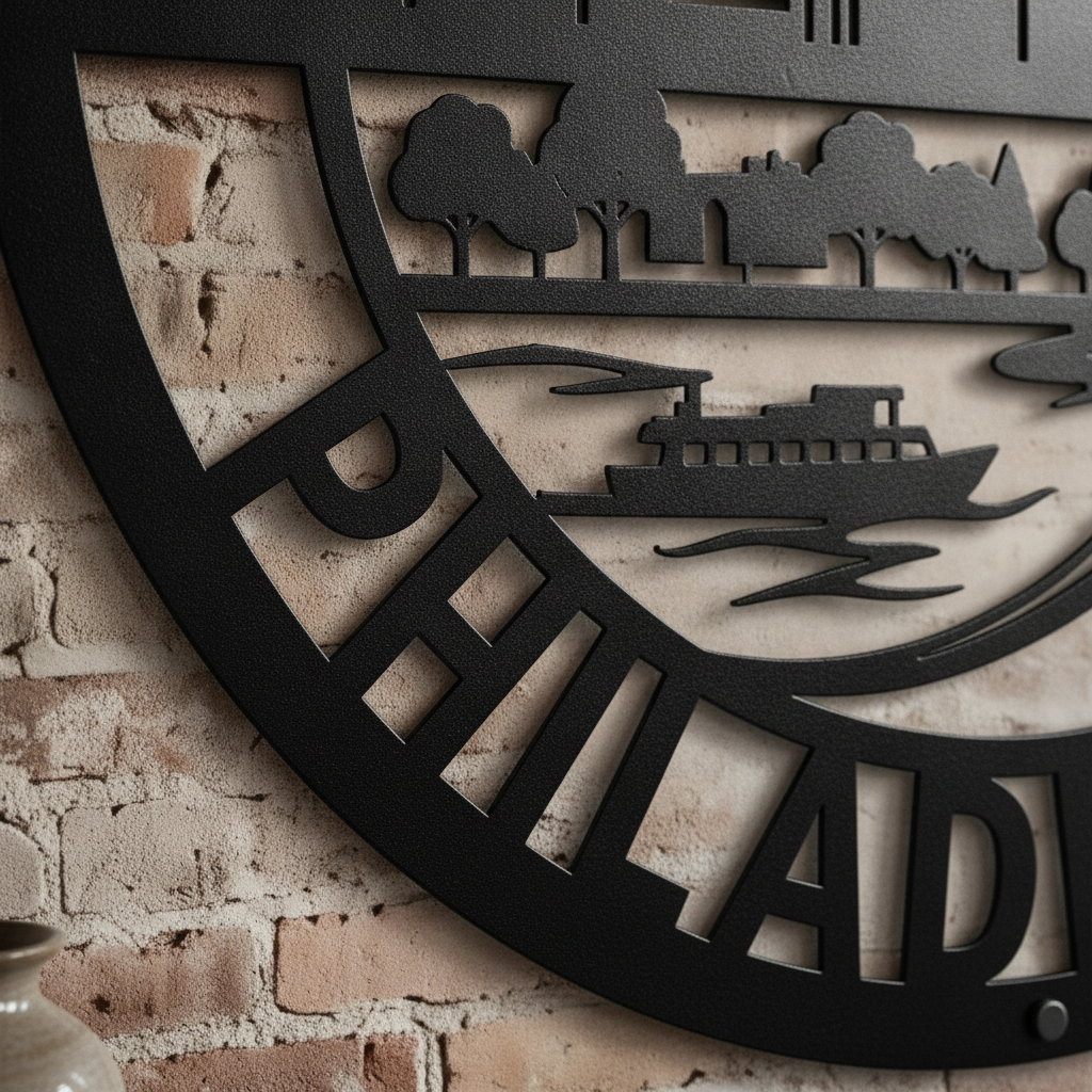 Round Philadelphia skyline metal sign with bridge in black steel – image 9