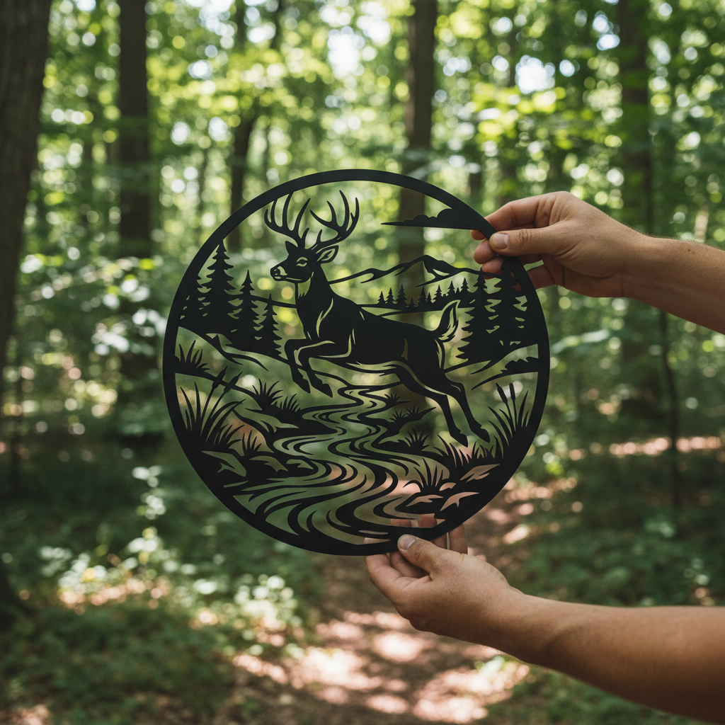 Round metal sign with deer leaping over a river, mountains and forest in black steel – image 4