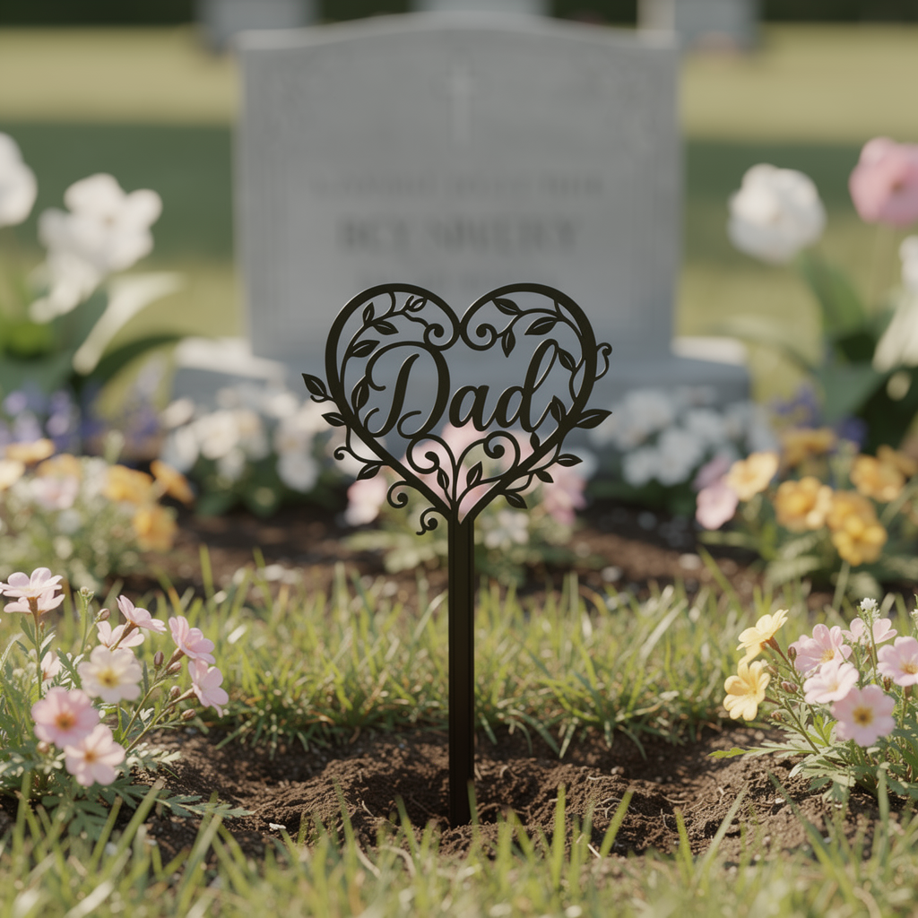 Gedenkstecker „Dad“ mit Blumenherz aus schwarzem Stahl – Bild 7