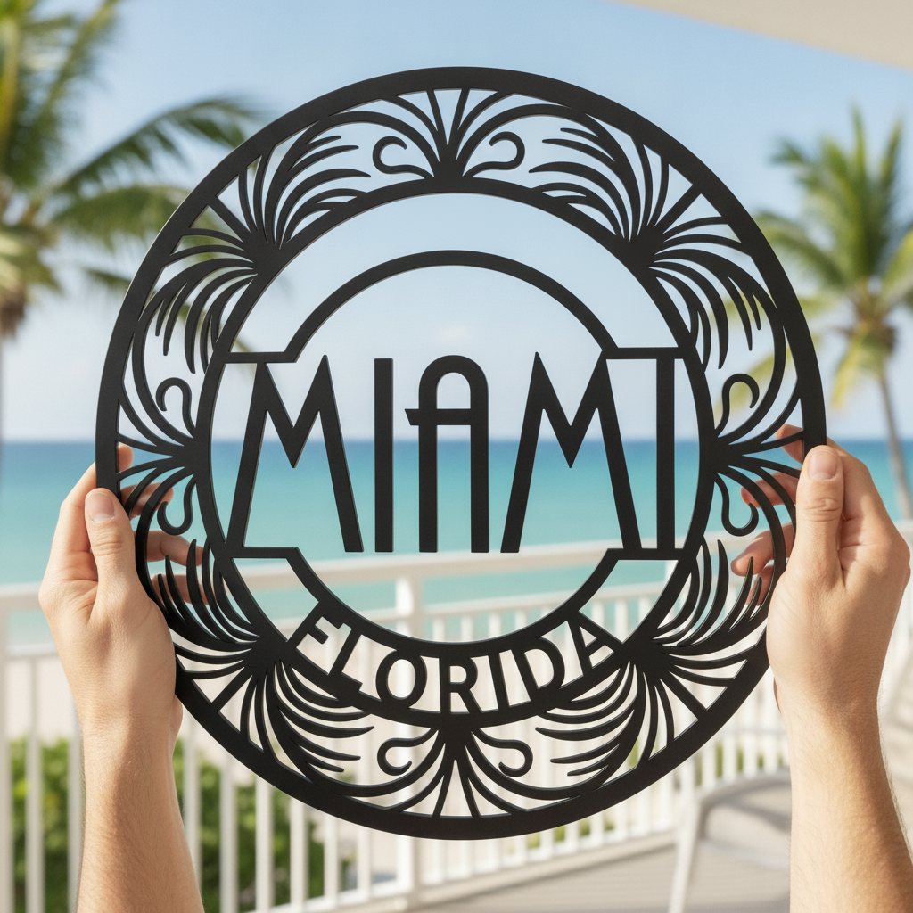 Round Miami metal sign with Art Deco buildings and palm trees in black steel – image 8