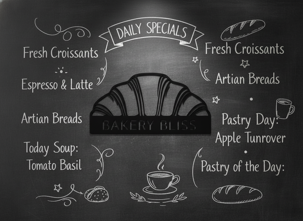 Personalized bakery and café metal sign with croissant and name in black steel – image 3