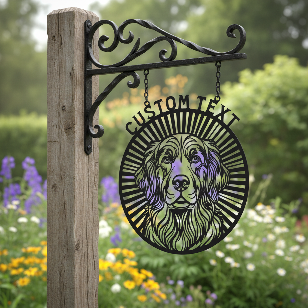 Personalized round golden retriever portrait metal sign with dog name in black steel – image 6