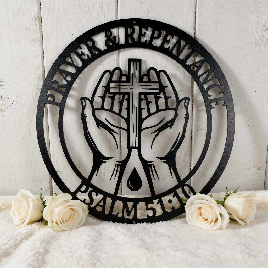 Round Psalm 51:10 metal sign with praying hands and cross in black steel – image 6