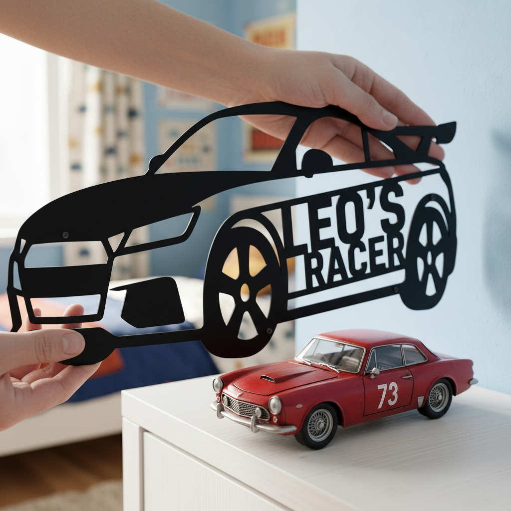 Personalisiertes Namensschild Rennauto fürs Kinderzimmer aus schwarzem Stahl – Bild 9