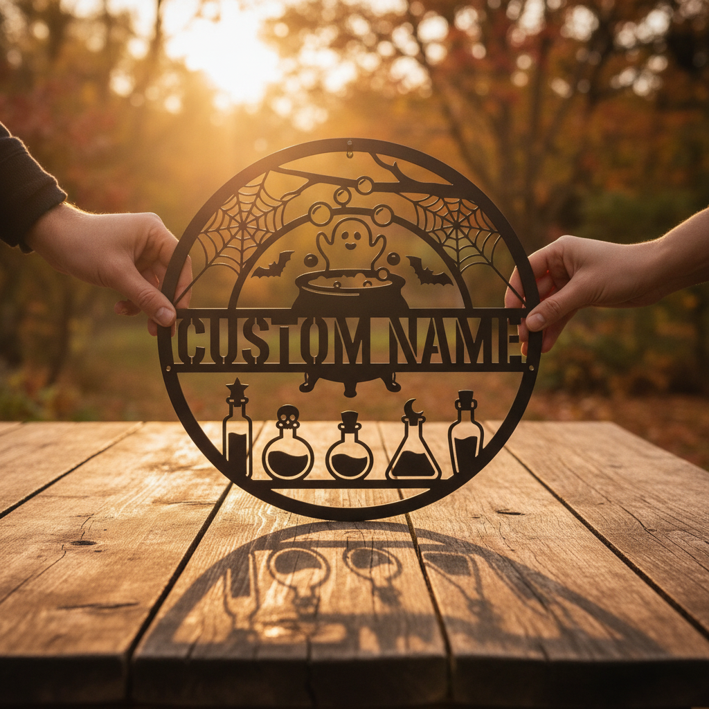 Personalized witch cauldron Halloween sign with name in black steel – image 6
