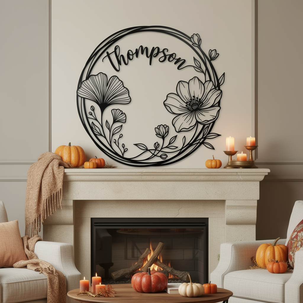Personalisiertes rundes Familienschild mit Ginkgo- und Mohnblumenkranz aus schwarzem Stahl – Bild 2