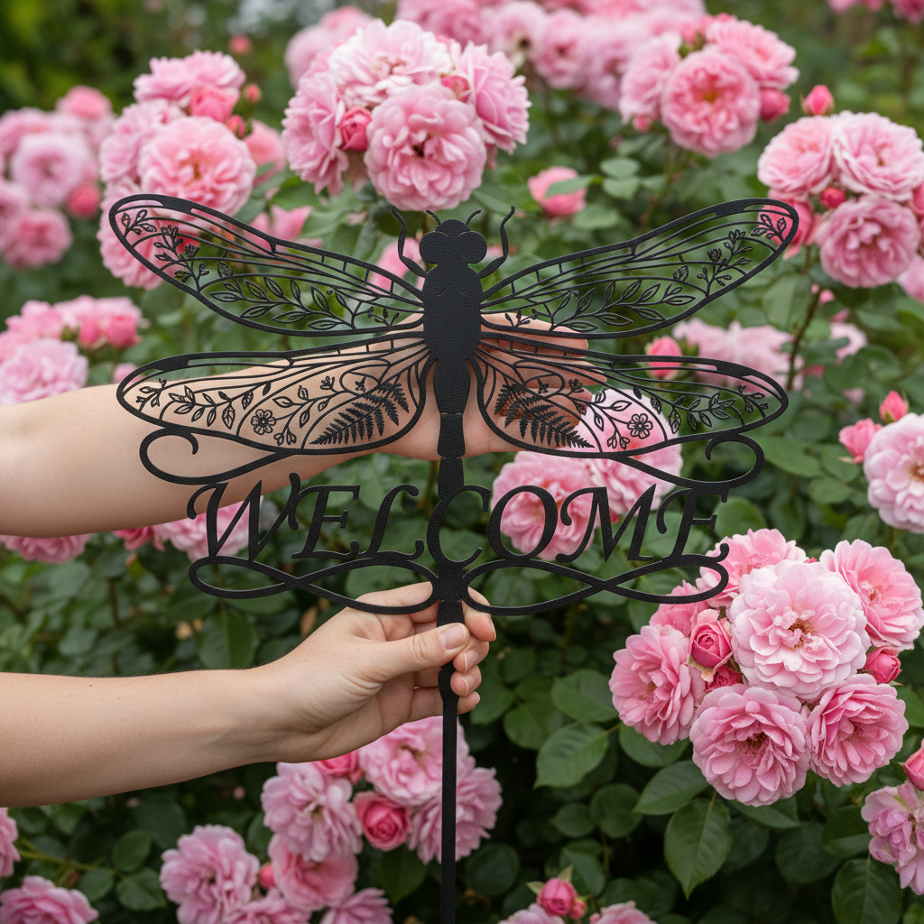 Gartenstecker Libelle mit Blumenflügeln und Welcome aus schwarzem Stahl – Bild 8