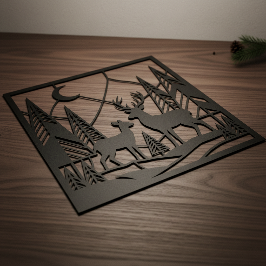 Personalized deer family name sign with forest and mountains in black steel – image 4