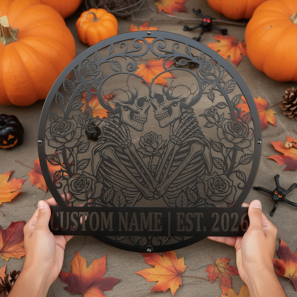 Personalisiertes Skelett-Paar Halloween Metallschild – Bild 8