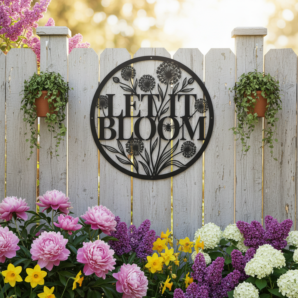 Personalized round dandelion metal sign with Let it Bloom and name in steel – image 2