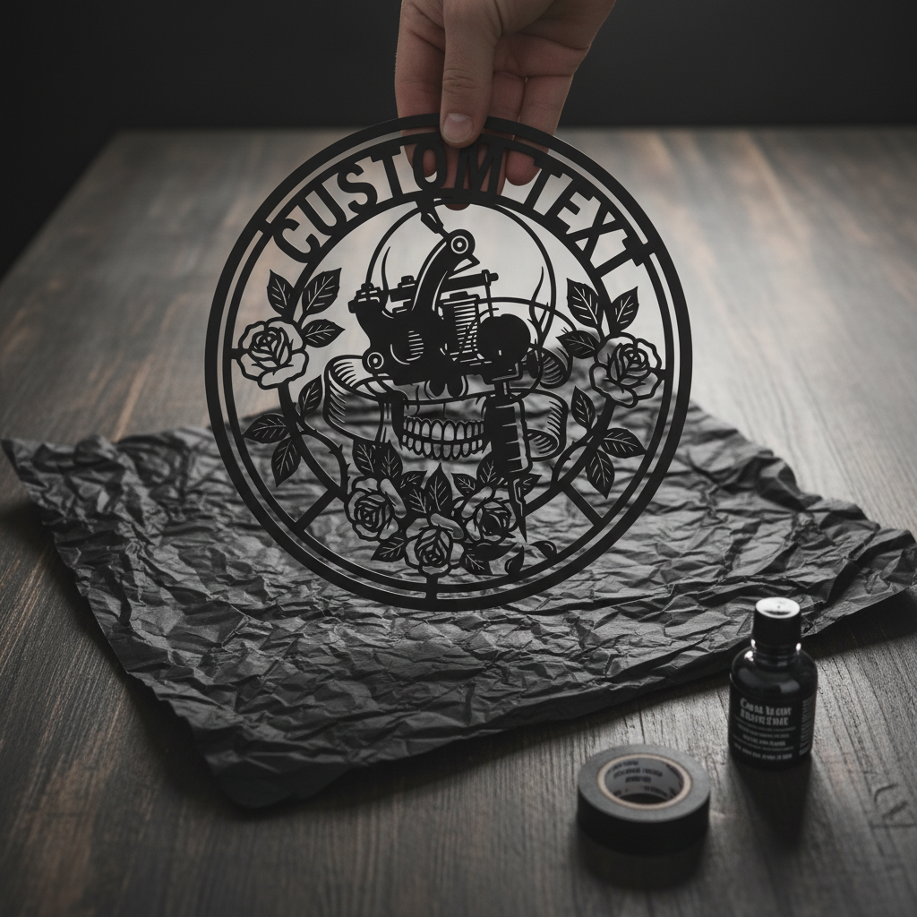 Personalisiertes Tattoostudio Metallschild rund mit Tattoomaschine, Totenkopf und Rosen – Bild 8
