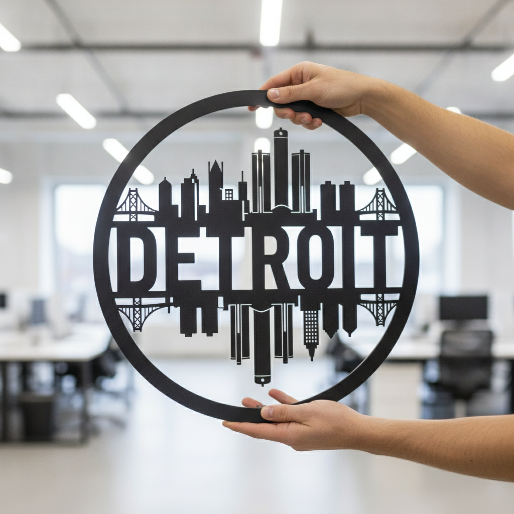 Round Detroit skyline metal wall art in black steel – image 5