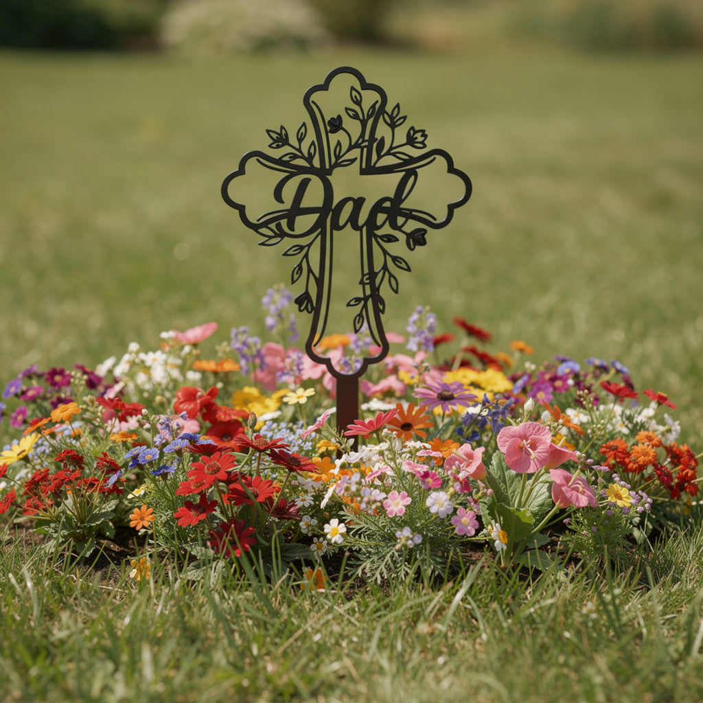Personalized cross memorial stake for Dad with name and dates in black steel – image 8