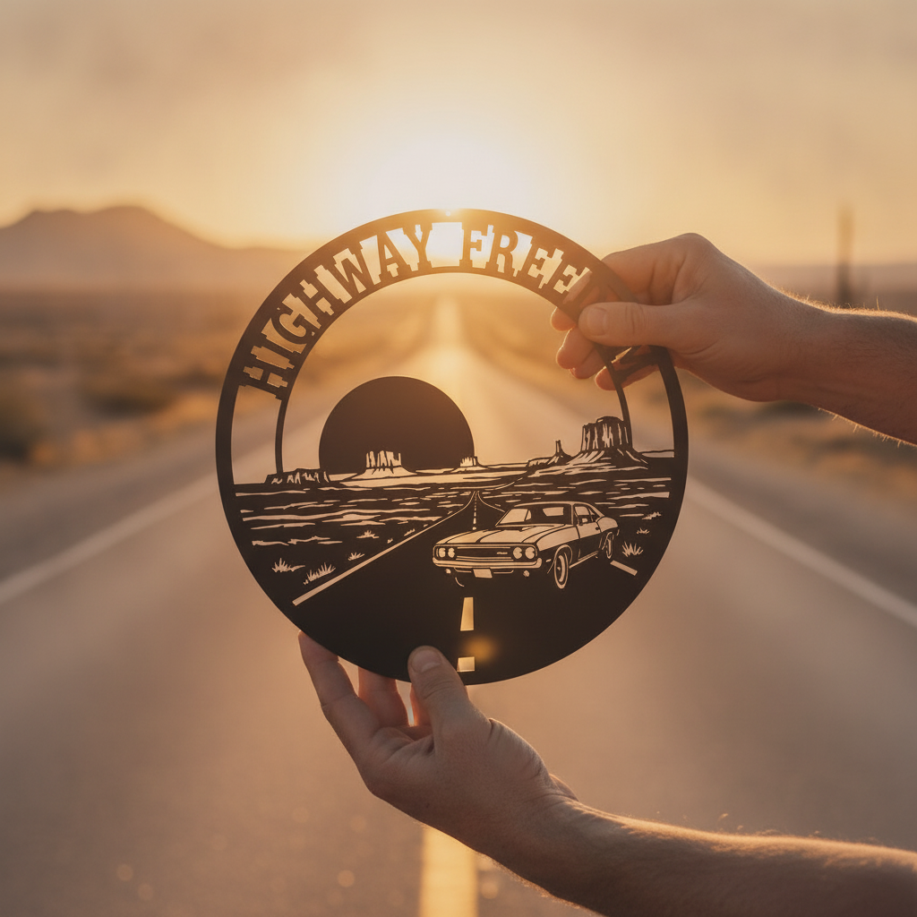 Rundes Route 66 Metallschild „Highway Freedom“ mit Muscle Car aus schwarzem Stahl – Bild 6