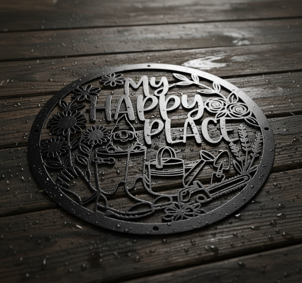 Round My Happy Place garden gnome sign with flowers in black steel – image 6