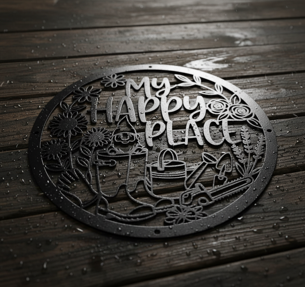 Round My Happy Place garden gnome sign with flowers in black steel – image 6