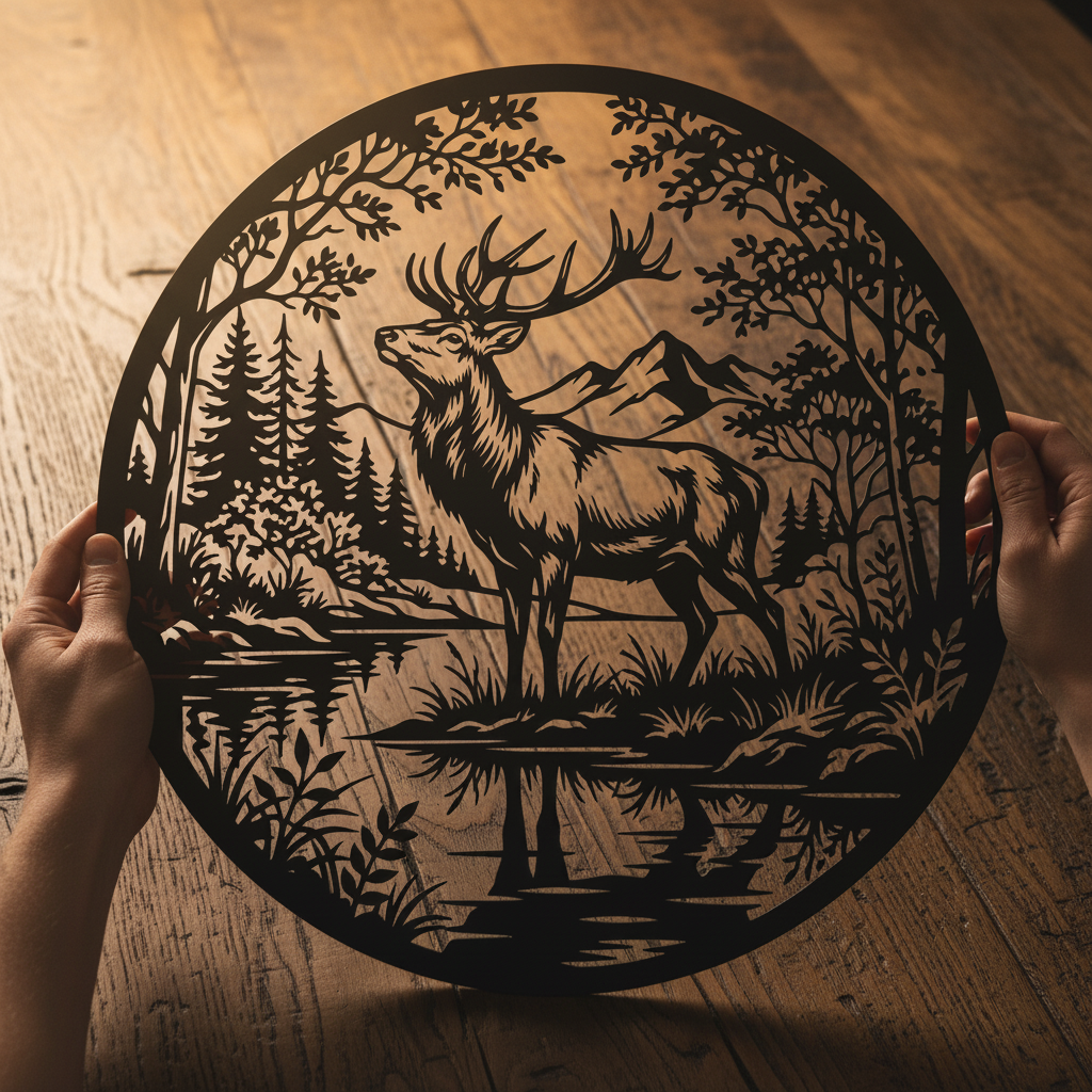 Majestätischer Hirsch mit großem Geweih vor Wald und Fluss, rundes Metallschild aus Stahl – Bild 3