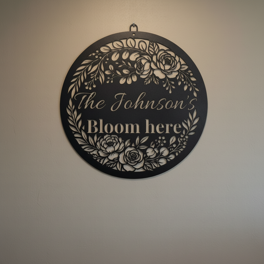 Personalisiertes Familienschild Bloom Here mit Blumen aus rundem schwarzem Stahl – Bild 7