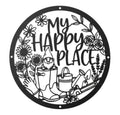 Round My Happy Place garden gnome sign with flowers in black steel